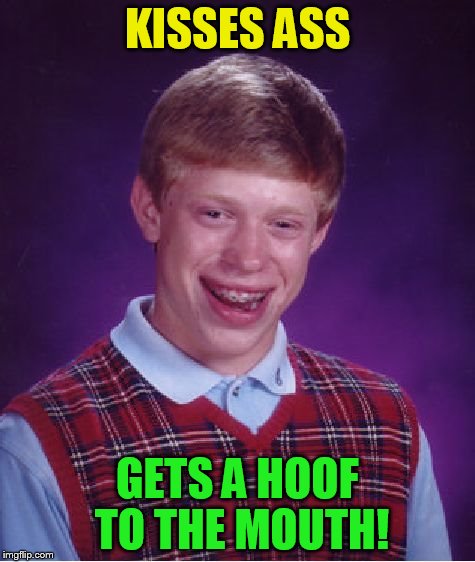 Bad Luck Brian Meme | KISSES ASS GETS A HOOF TO THE MOUTH! | image tagged in memes,bad luck brian | made w/ Imgflip meme maker
