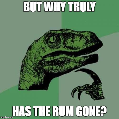 WHY'S THE RUM GONE? | BUT WHY TRULY; HAS THE RUM GONE? | image tagged in memes,philosoraptor,pirates of the carribean | made w/ Imgflip meme maker
