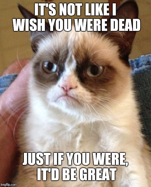 Grumpy Cat Meme | IT'S NOT LIKE I WISH YOU WERE DEAD; JUST IF YOU WERE, IT'D BE GREAT | image tagged in memes,grumpy cat | made w/ Imgflip meme maker