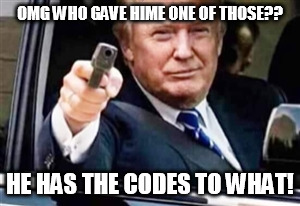 trump gun | OMG WHO GAVE HIME ONE OF THOSE?? HE HAS THE CODES TO WHAT! | image tagged in trump gun | made w/ Imgflip meme maker