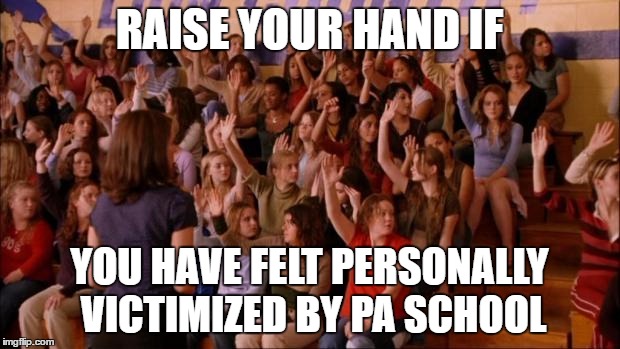 mean girls victimized | RAISE YOUR HAND IF; YOU HAVE FELT PERSONALLY VICTIMIZED BY PA SCHOOL | image tagged in mean girls victimized | made w/ Imgflip meme maker