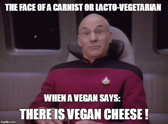 picard surprised | THE FACE OF A CARNIST OR LACTO-VEGETARIAN; WHEN A VEGAN SAYS:; THERE IS VEGAN CHEESE ! | image tagged in picard surprised | made w/ Imgflip meme maker