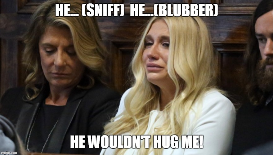 Seinfeld smackdown! | HE... (SNIFF)  HE...(BLUBBER); HE WOULDN'T HUG ME! | image tagged in kesha | made w/ Imgflip meme maker