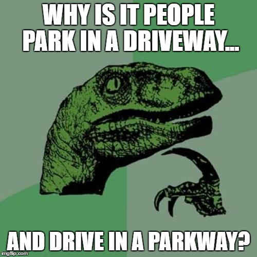 Philosoraptor Meme | WHY IS IT PEOPLE PARK IN A DRIVEWAY... AND DRIVE IN A PARKWAY? | image tagged in memes,philosoraptor | made w/ Imgflip meme maker