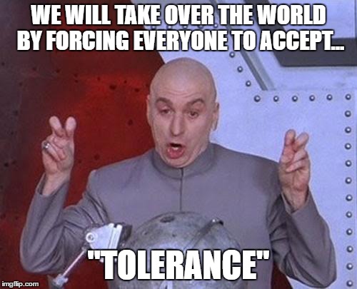 Dr Evil Laser | WE WILL TAKE OVER THE WORLD BY FORCING EVERYONE TO ACCEPT... "TOLERANCE" | image tagged in memes,dr evil laser | made w/ Imgflip meme maker