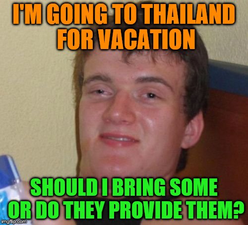 Is it like going to Lego land? | I'M GOING TO THAILAND FOR VACATION; SHOULD I BRING SOME OR DO THEY PROVIDE THEM? | image tagged in memes,10 guy | made w/ Imgflip meme maker