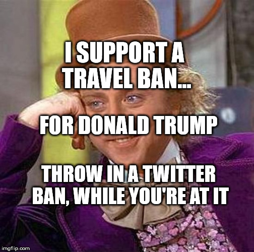 Creepy Condescending Wonka | I SUPPORT A TRAVEL BAN... FOR DONALD TRUMP; THROW IN A TWITTER BAN, WHILE YOU'RE AT IT | image tagged in memes,creepy condescending wonka | made w/ Imgflip meme maker