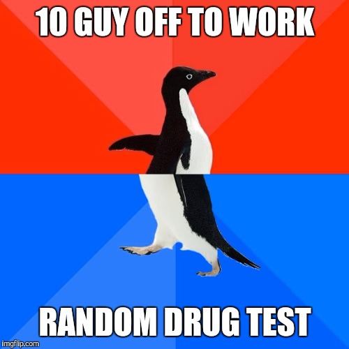 Socially Awesome Awkward Penguin Meme | 10 GUY OFF TO WORK RANDOM DRUG TEST | image tagged in memes,socially awesome awkward penguin | made w/ Imgflip meme maker