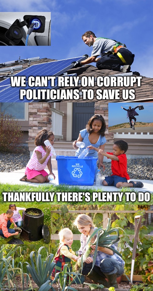 Don't Rely. Do. | WE CAN'T RELY ON CORRUPT POLITICIANS TO SAVE US; THANKFULLY THERE'S PLENTY TO DO | image tagged in solar power,recycling,electric vechiles,composting,gardening,bicycling | made w/ Imgflip meme maker