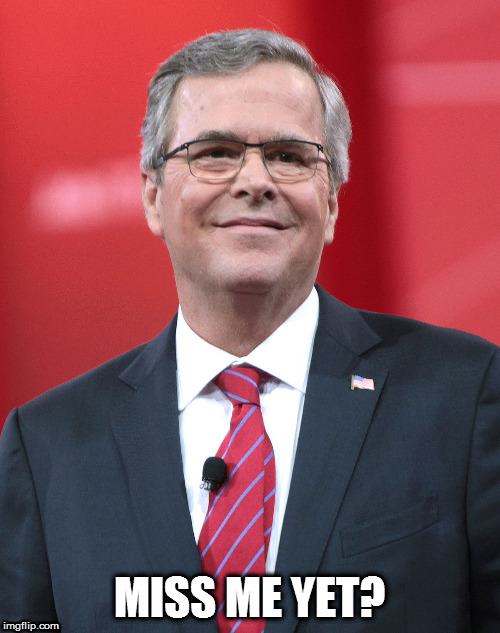 In all honesty, Little Jebbie is looking pretty damn good right about now.... | MISS ME YET? | image tagged in jebush,jeb bush,politics | made w/ Imgflip meme maker