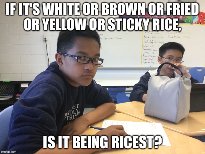 Racist.  | IF IT'S WHITE OR BROWN OR FRIED OR YELLOW OR STICKY RICE, IS IT BEING RICEST? | image tagged in racist | made w/ Imgflip meme maker