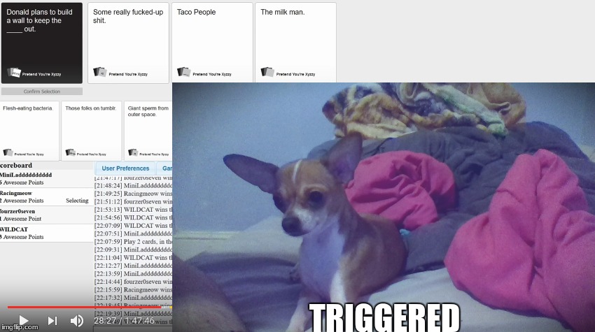 Rico's thoughts about this | TRIGGERED | image tagged in chihuahua,rico,cah,cards against humanity | made w/ Imgflip meme maker