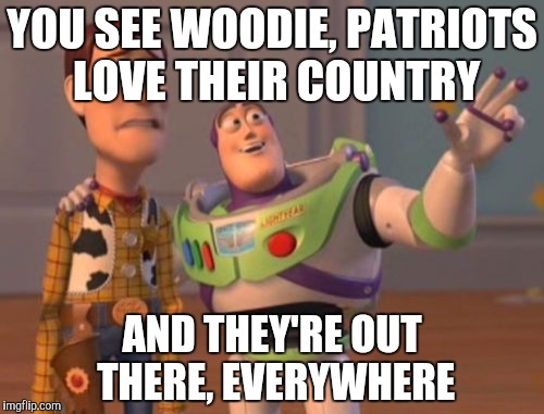 X, X Everywhere Meme | YOU SEE WOODIE, PATRIOTS LOVE THEIR COUNTRY; AND THEY'RE OUT THERE, EVERYWHERE | image tagged in memes,x x everywhere | made w/ Imgflip meme maker