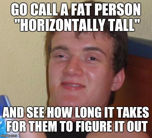 10 Guy Meme | GO CALL A FAT PERSON "HORIZONTALLY TALL"; AND SEE HOW LONG IT TAKES FOR THEM TO FIGURE IT OUT | image tagged in memes,10 guy | made w/ Imgflip meme maker