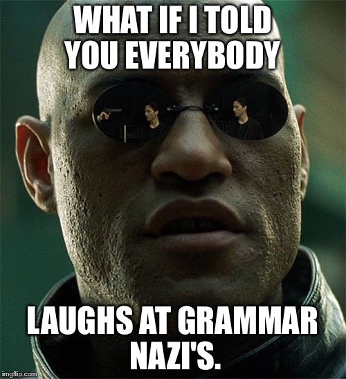 Grammar Nazi Crybaby | WHAT IF I TOLD YOU EVERYBODY; LAUGHS AT GRAMMAR NAZI'S. | image tagged in grammar nazi crybaby | made w/ Imgflip meme maker