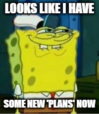 Spongebob funny face | LOOKS LIKE I HAVE; SOME NEW 'PLANS' NOW | image tagged in spongebob funny face | made w/ Imgflip meme maker