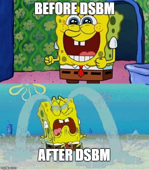 spongebob happy and sad | BEFORE DSBM; AFTER DSBM | image tagged in spongebob happy and sad | made w/ Imgflip meme maker