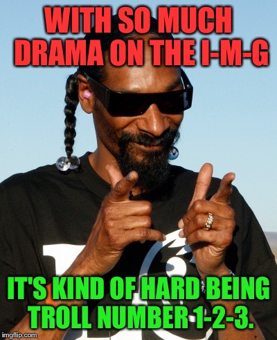 Straight Outta Trollville. | WITH SO MUCH DRAMA ON THE I-M-G; IT'S KIND OF HARD BEING TROLL NUMBER 1-2-3. | image tagged in snoop dogg approves,123troll,trolling | made w/ Imgflip meme maker