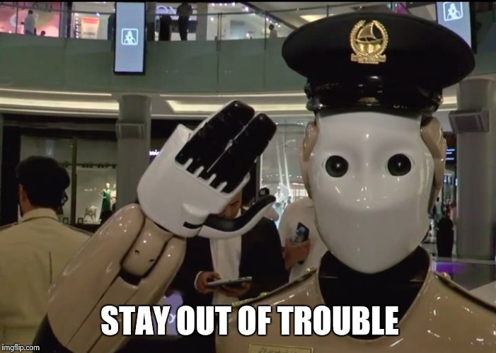 STAY OUT OF TROUBLE | image tagged in robocop is now real | made w/ Imgflip meme maker