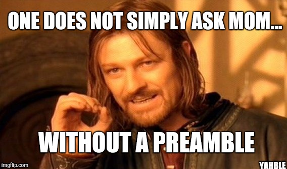 One Does Not Simply Meme | ONE DOES NOT SIMPLY ASK MOM... YAHBLE WITHOUT A PREAMBLE | image tagged in memes,one does not simply | made w/ Imgflip meme maker