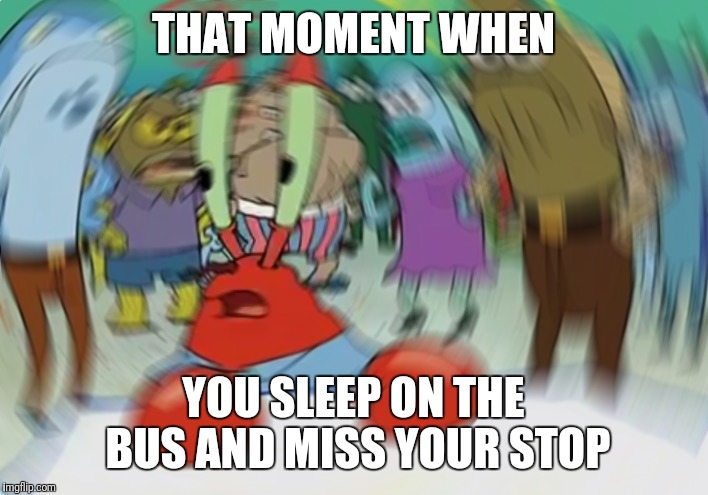 Mr Krabs Blur Meme | THAT MOMENT WHEN; YOU SLEEP ON THE BUS AND MISS YOUR STOP | image tagged in memes,mr krabs blur meme | made w/ Imgflip meme maker