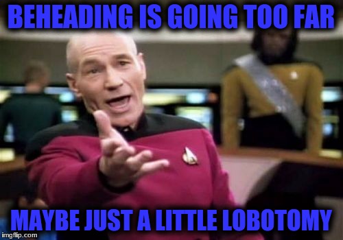 Picard Wtf Meme | BEHEADING IS GOING TOO FAR MAYBE JUST A LITTLE LOBOTOMY | image tagged in memes,picard wtf | made w/ Imgflip meme maker