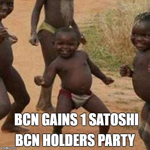 Third World Success Kid Meme | BCN HOLDERS PARTY; BCN GAINS 1 SATOSHI | image tagged in memes,third world success kid | made w/ Imgflip meme maker