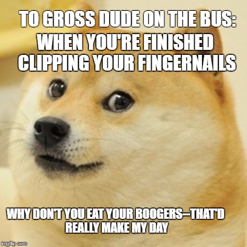 Doge | TO GROSS DUDE ON THE BUS:; WHEN YOU'RE FINISHED CLIPPING YOUR FINGERNAILS; WHY DON'T YOU EAT YOUR BOOGERS--THAT'D REALLY MAKE MY DAY | image tagged in memes,doge | made w/ Imgflip meme maker