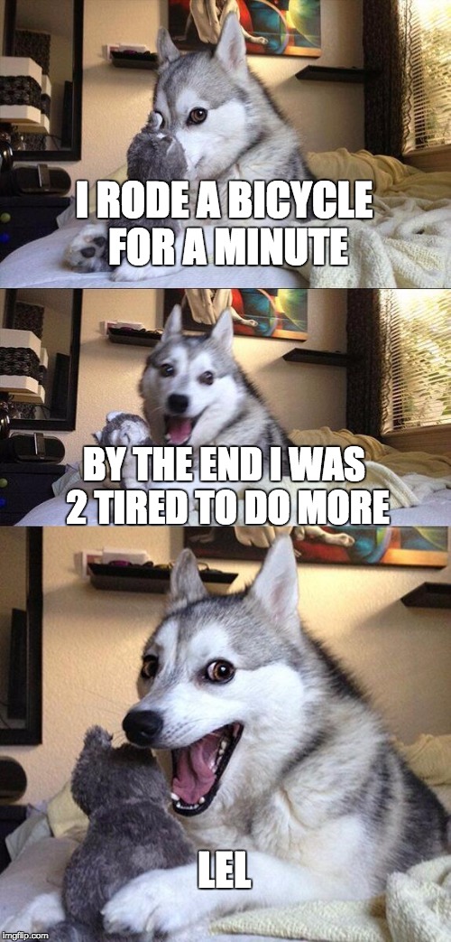 Bad Pun Dog Meme | I RODE A BICYCLE FOR A MINUTE; BY THE END I WAS 2 TIRED TO DO MORE; LEL | image tagged in memes,bad pun dog | made w/ Imgflip meme maker