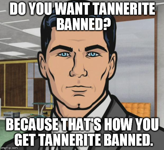 Archer Meme | DO YOU WANT TANNERITE BANNED? BECAUSE THAT'S HOW YOU GET TANNERITE BANNED. | image tagged in memes,archer | made w/ Imgflip meme maker