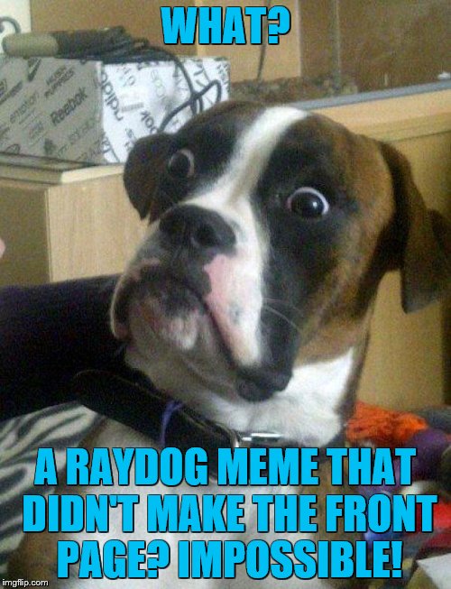 Blankie the Shocked Dog | WHAT? A RAYDOG MEME THAT DIDN'T MAKE THE FRONT PAGE? IMPOSSIBLE! | image tagged in blankie the shocked dog | made w/ Imgflip meme maker