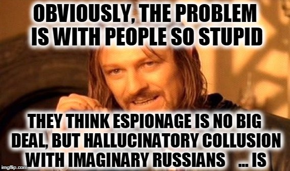 One Does Not Simply Meme | OBVIOUSLY, THE PROBLEM IS WITH PEOPLE SO STUPID THEY THINK ESPIONAGE IS NO BIG DEAL, BUT HALLUCINATORY COLLUSION WITH IMAGINARY RUSSIANS     | image tagged in memes,one does not simply | made w/ Imgflip meme maker