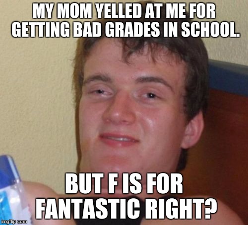10 Guy | MY MOM YELLED AT ME FOR GETTING BAD GRADES IN SCHOOL. BUT F IS FOR FANTASTIC RIGHT? | image tagged in memes,10 guy | made w/ Imgflip meme maker