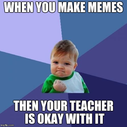 Success Kid | WHEN YOU MAKE MEMES; THEN YOUR TEACHER IS OKAY WITH IT | image tagged in memes,success kid | made w/ Imgflip meme maker