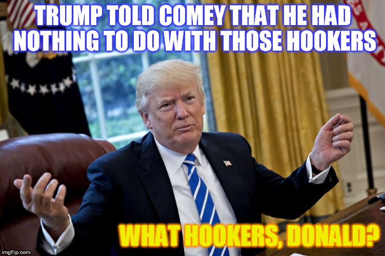 Don't get pissed off about being pissed on ! | TRUMP TOLD COMEY THAT HE HAD NOTHING TO DO WITH THOSE HOOKERS; WHAT HOOKERS, DONALD? | image tagged in donald trump,comey,hookers | made w/ Imgflip meme maker