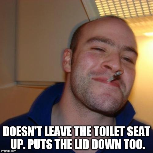 Good Guy Greg Meme | DOESN'T LEAVE THE TOILET SEAT UP. PUTS THE LID DOWN TOO. | image tagged in memes,good guy greg | made w/ Imgflip meme maker