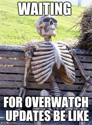 Waiting Skeleton | WAITING; FOR OVERWATCH UPDATES BE LIKE | image tagged in memes,waiting skeleton | made w/ Imgflip meme maker