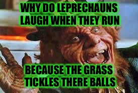 evil laughing Leprechaun | WHY DO LEPRECHAUNS LAUGH WHEN THEY RUN; BECAUSE THE GRASS TICKLES THERE BALLS | image tagged in evil laughing leprechaun | made w/ Imgflip meme maker