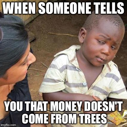 Third World Skeptical Kid Meme | WHEN SOMEONE TELLS; YOU THAT MONEY DOESN'T COME FROM TREES | image tagged in memes,third world skeptical kid | made w/ Imgflip meme maker