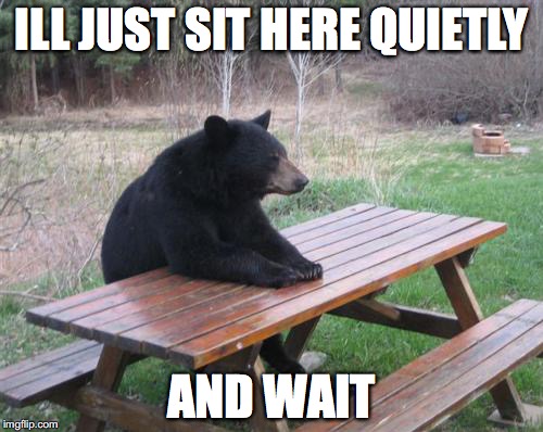 Bad Luck Bear | ILL JUST SIT HERE QUIETLY; AND WAIT | image tagged in memes,bad luck bear | made w/ Imgflip meme maker