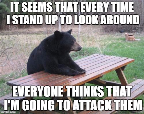Bad Luck Bear Meme | IT SEEMS THAT EVERY TIME I STAND UP TO LOOK AROUND; EVERYONE THINKS THAT I'M GOING TO ATTACK THEM | image tagged in memes,bad luck bear | made w/ Imgflip meme maker