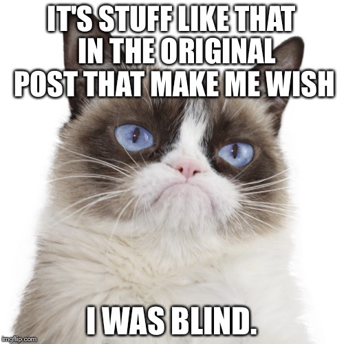  I wish I was blind grumpy cat | IT'S STUFF LIKE THAT  IN THE ORIGINAL POST THAT MAKE ME WISH; I WAS BLIND. | image tagged in i wish i was blind grumpy cat | made w/ Imgflip meme maker