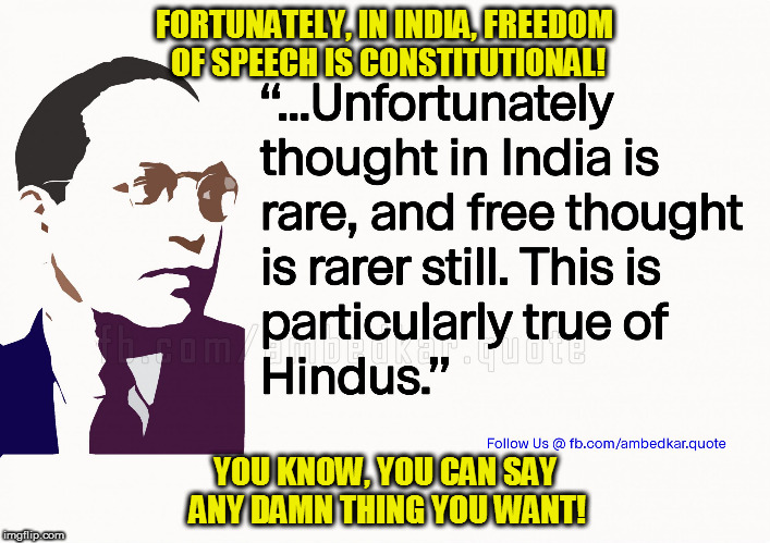FORTUNATELY, IN INDIA, FREEDOM OF SPEECH IS CONSTITUTIONAL! YOU KNOW, YOU CAN SAY ANY DAMN THING YOU WANT! | image tagged in kedar joshi,ambedkar,freedom of speech,india,anti-hinduism,indian constitution | made w/ Imgflip meme maker