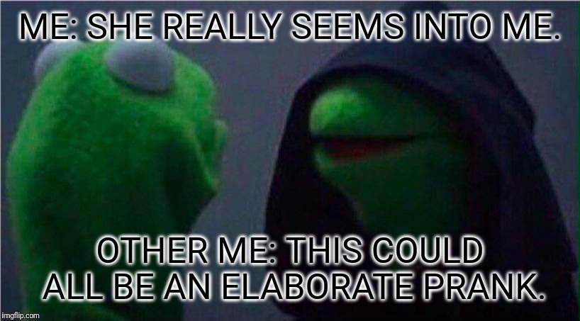 me to other me | ME: SHE REALLY SEEMS INTO ME. OTHER ME: THIS COULD ALL BE AN ELABORATE PRANK. | image tagged in me to other me,memes | made w/ Imgflip meme maker