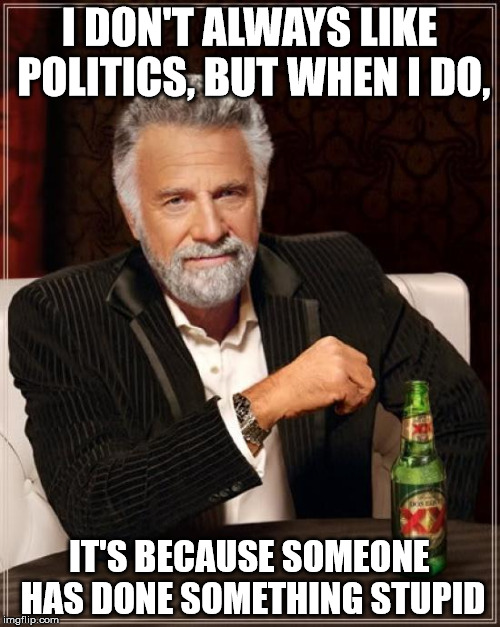 The Most Interesting Man In The World Meme | I DON'T ALWAYS LIKE POLITICS, BUT WHEN I DO, IT'S BECAUSE SOMEONE HAS DONE SOMETHING STUPID | image tagged in memes,the most interesting man in the world | made w/ Imgflip meme maker