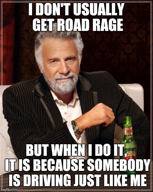 The Most Interesting Man In The World Meme | I DON'T USUALLY GET ROAD RAGE; BUT WHEN I DO IT, IT IS BECAUSE SOMEBODY IS DRIVING JUST LIKE ME | image tagged in memes,the most interesting man in the world | made w/ Imgflip meme maker