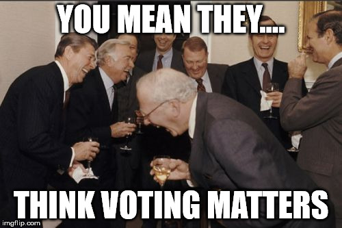 Laughing Men In Suits | YOU MEAN THEY.... THINK VOTING MATTERS | image tagged in memes,laughing men in suits | made w/ Imgflip meme maker