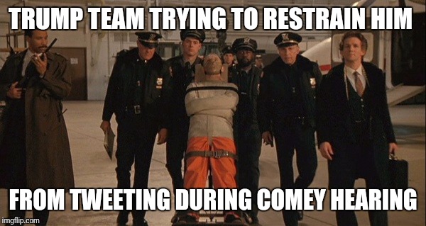 TRUMP TEAM TRYING TO RESTRAIN HIM; FROM TWEETING DURING COMEY HEARING | image tagged in trump comey | made w/ Imgflip meme maker