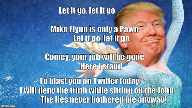Donald Trump Frozen | Let it go, let it go                                           
Mike Flynn is only a Pawn               
Let it go, let it go                                    
Comey, your job will be gone                     
Here I stand; To blast you on Twitter today          
I will deny the truth while sitting on the John.          
The lies never bothered me anyway! | image tagged in donald trump frozen | made w/ Imgflip meme maker