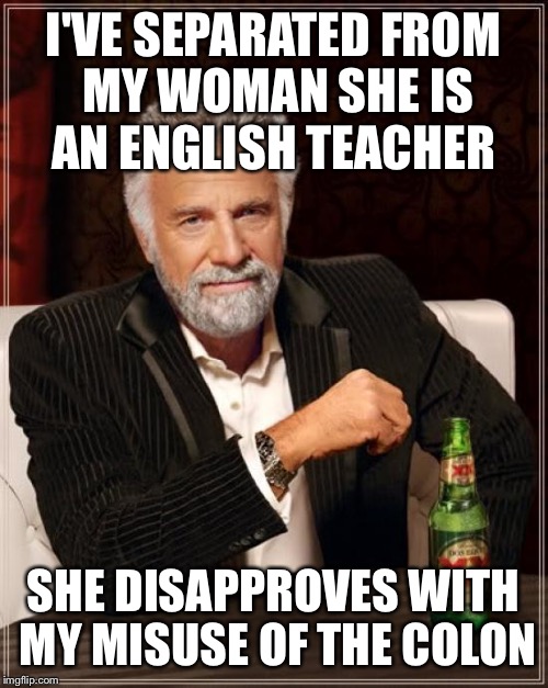 English 101 | I'VE SEPARATED FROM MY WOMAN SHE IS AN ENGLISH TEACHER; SHE DISAPPROVES WITH MY MISUSE OF THE COLON | image tagged in memes,the most interesting man in the world,funny | made w/ Imgflip meme maker